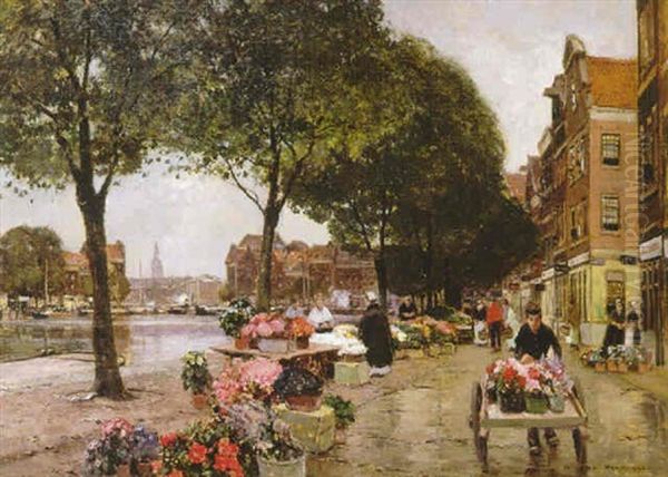 Blumenmarkt An Einer Gracht In Amsterdam Oil Painting by Heinrich Hermanns