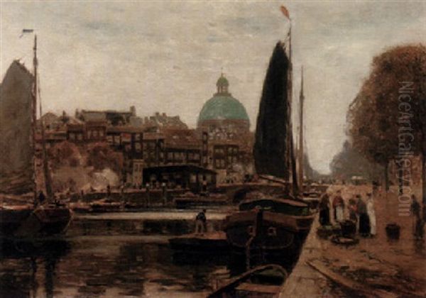 Gracht In Amsterdam Oil Painting by Heinrich Hermanns