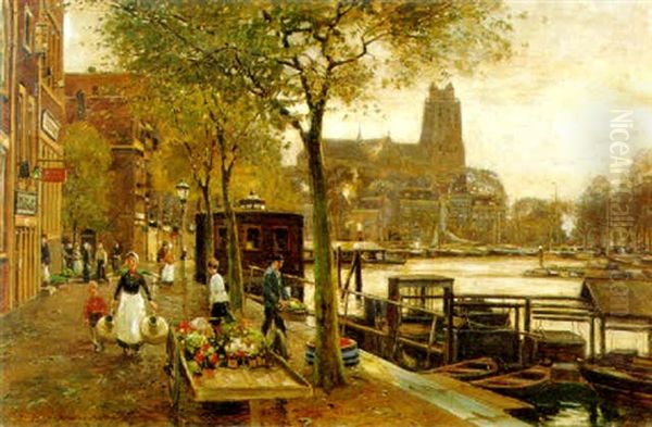 Blumenmarkt Im Dordrechter Hafen Oil Painting by Heinrich Hermanns