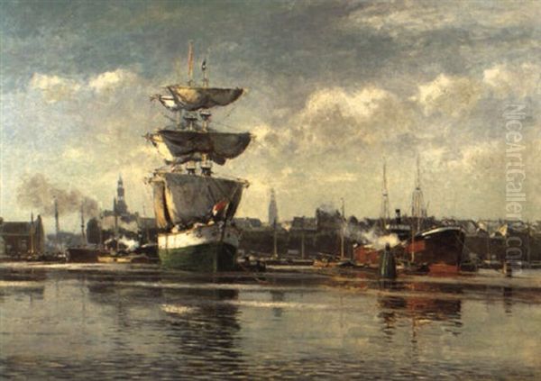 Amsterdamer Gracht Mit Ankerndem Dreimaster Und Dampfer Oil Painting by Heinrich Hermanns