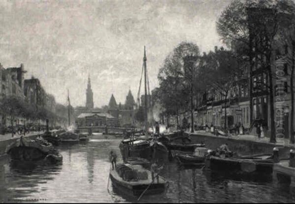 A View Of The Gelderse Kade, Amsterdam, With The Waag And Zuidekerk Oil Painting by Heinrich Hermanns