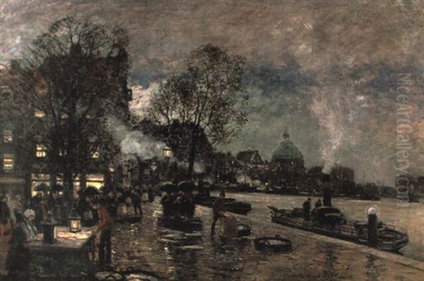 Fischmarkt In Amsterdam Oil Painting by Heinrich Hermanns