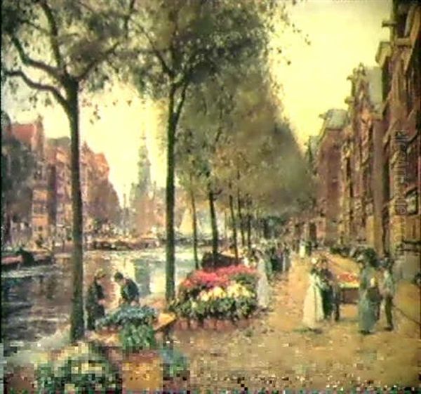 Blumenmarkt An Der Gracht Oil Painting by Heinrich Hermanns