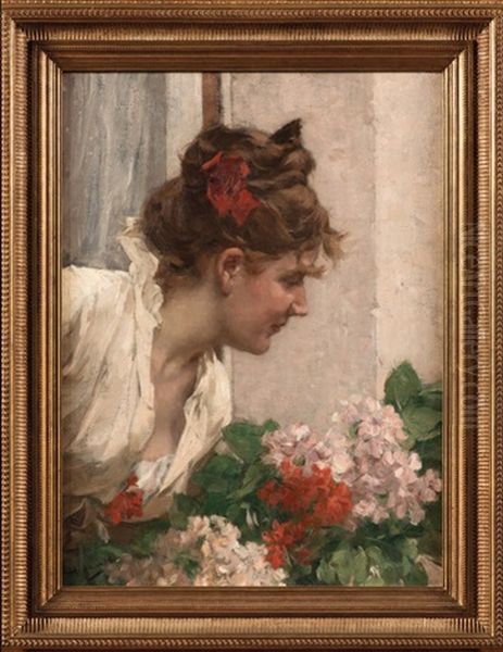 Jeune Femme Aux Fleurs Oil Painting by Charles Hermans