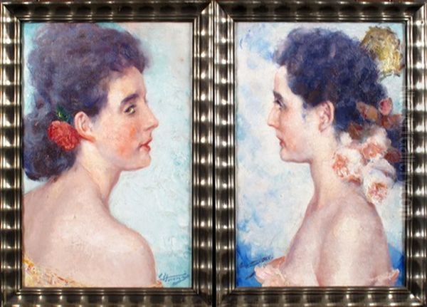 Portrait De Femme De Profil (2 Works) Oil Painting by Charles Hermans