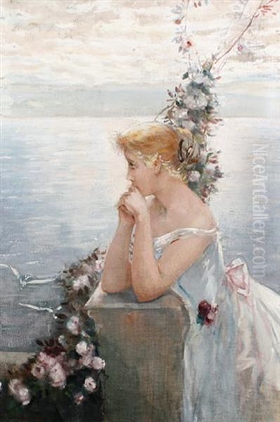 Portrait Of A Girl Wearing A White Dress With Pink Bow With A Seascape Beyond Oil Painting by Charles Hermans