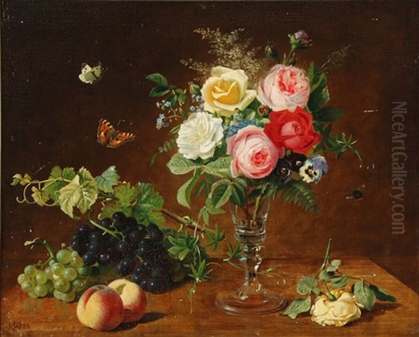 Still Life With Colourful Roses In A Glass Vase, With Grapes, Peaches And Insects Oil Painting by Olaf August Hermansen