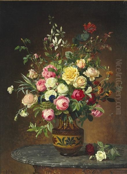 Flowers In A Vase On A Table Oil Painting by Olaf August Hermansen