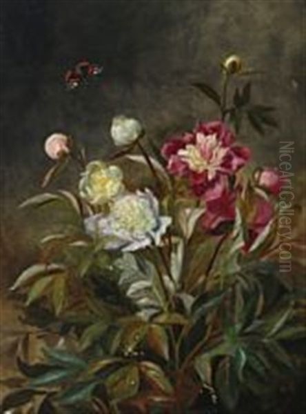 Flowers And A Butterfly Oil Painting by Olaf August Hermansen