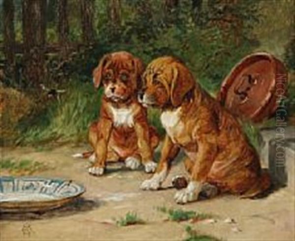 Two Puppies Curiously Watching A Bumblebee Oil Painting by Olaf August Hermansen