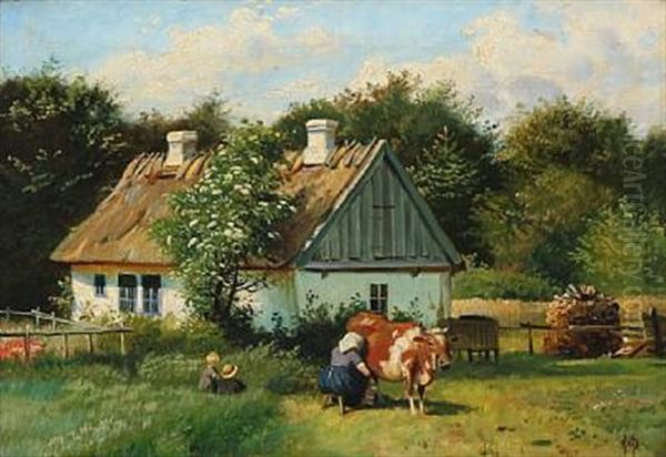 A Cow Is Milked Oil Painting by Olaf August Hermansen