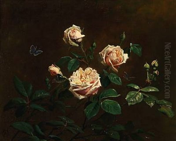 Cream-colored Roses In Bloom Oil Painting by Olaf August Hermansen