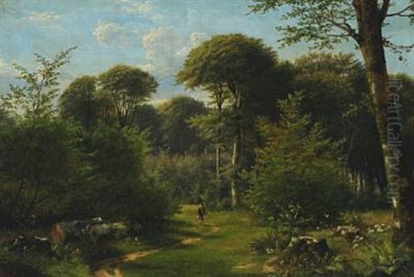 Forest Scene With A Boy On Adventure Oil Painting by Olaf August Hermansen