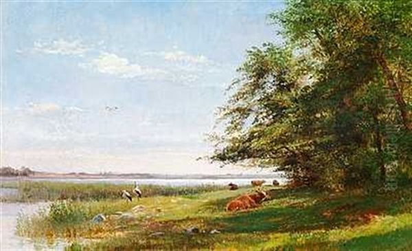 Frodigt Sommerlandskab Med Storke Og Koer Pa Engen Oil Painting by Olaf August Hermansen