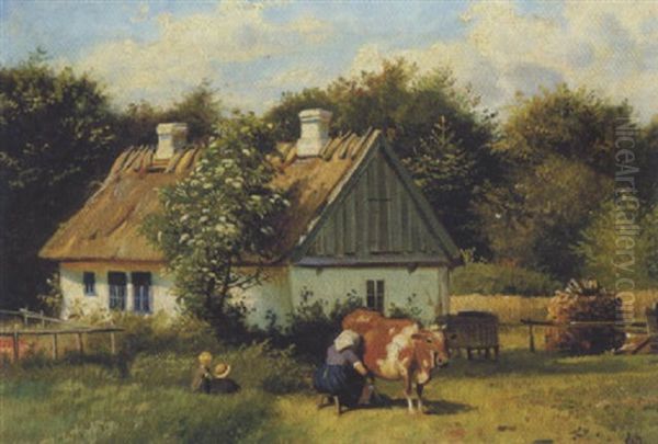 Bondegardsidyl Med Kone, Der Malker En Ko Ved Et Strataekt Hus Oil Painting by Olaf August Hermansen