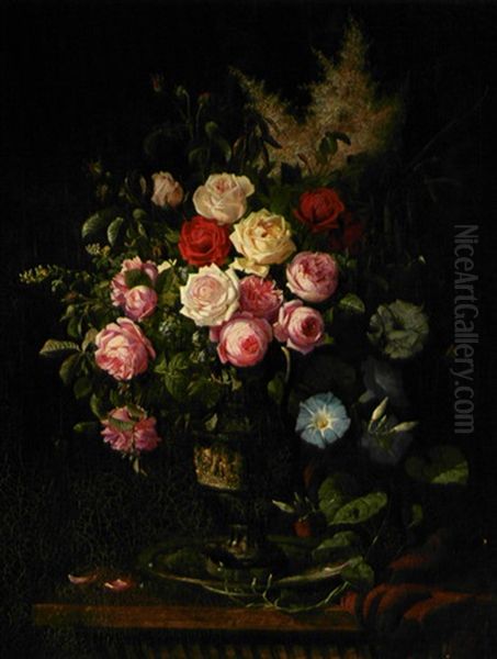 Forskjellige Roser Og Andre Blomster I En Vase Oil Painting by Olaf August Hermansen