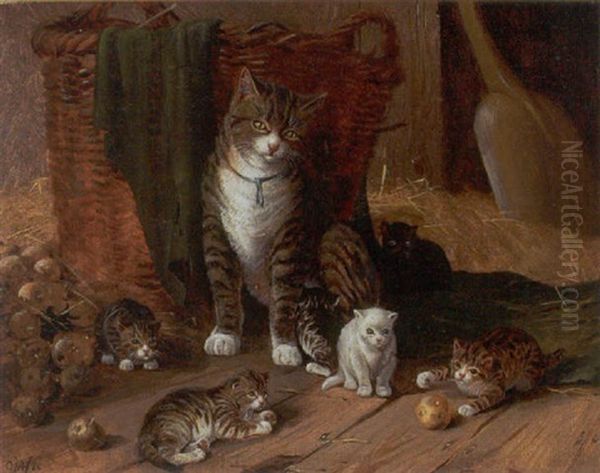 Staldinterior Med Kat Og Legende Kattekillinger Oil Painting by Olaf August Hermansen