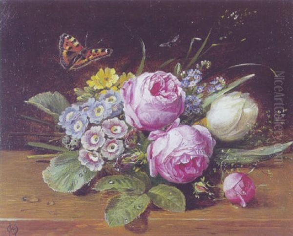 Lyserode Roser, Aurikler, Tulipan, Forglemmigej Samt Insekter Oil Painting by Olaf August Hermansen