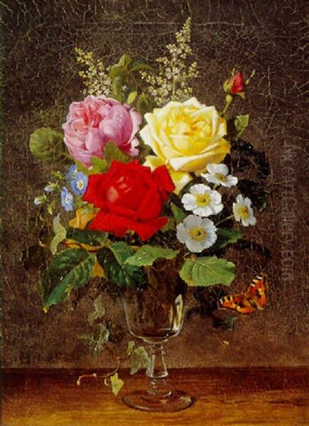 Opstilling Med Blomster I En Glaspokal Oil Painting by Olaf August Hermansen