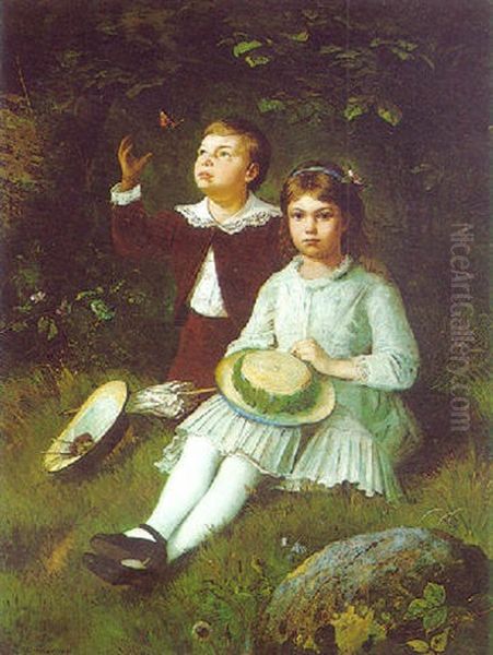 Portrait Of A Brother And A Sister Oil Painting by Olaf August Hermansen