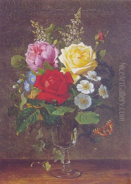 Opstilling Med Blomster I En Glaspokal Oil Painting by Olaf August Hermansen