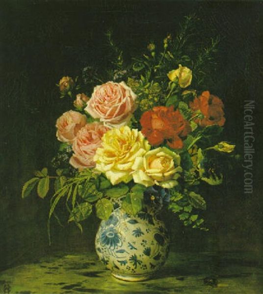 Rosor I Blavit Vas Oil Painting by Olaf August Hermansen