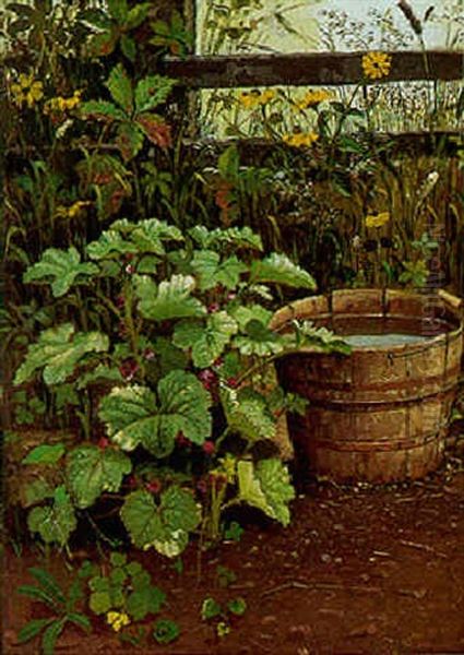 Hjornet Af En Have Med Sommerblomster Og Traekar Foran Hegn Oil Painting by Olaf August Hermansen