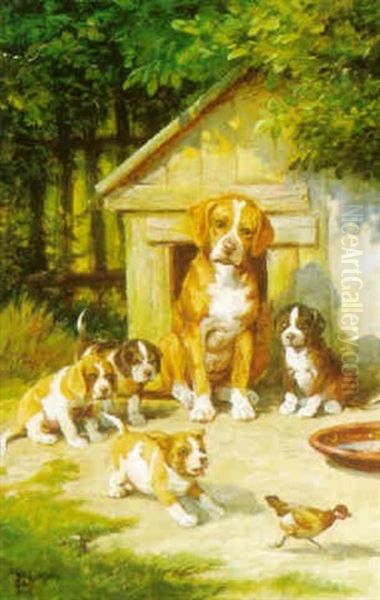 Hunde Med Fire Hvalpe Foran Hundehuset, I Forgrunden Legesyg Hvalp Med Kylling Oil Painting by Olaf August Hermansen