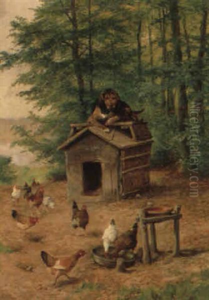 Hund Pa Taget Af Sit Hundehus Omgivet Af H+ns Oil Painting by Olaf August Hermansen