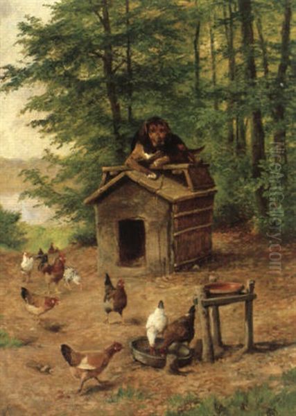 Hund Pa Taget Af Sit Hundehus Omgivet Af H+ns Oil Painting by Olaf August Hermansen