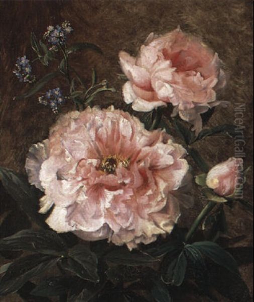 Paeoner, Rose Og Forglemmigej Oil Painting by Olaf August Hermansen