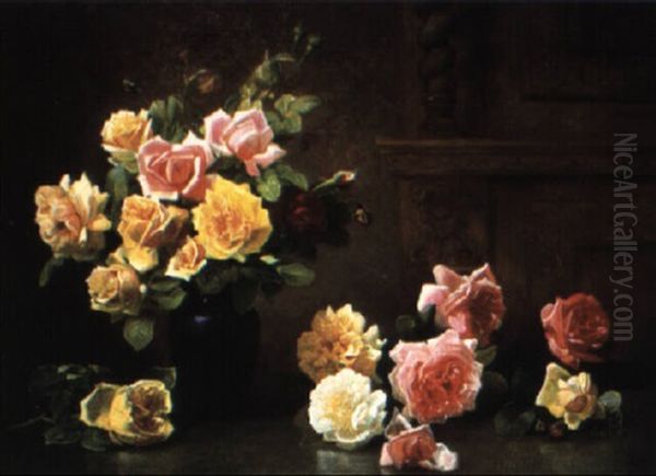 Still Life With Pink And Yellow Roses Oil Painting by Olaf August Hermansen