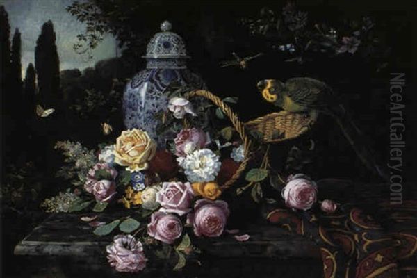 Stilleben Med Delftavase, Kurv Med Roser Og Papegoje Oil Painting by Olaf August Hermansen