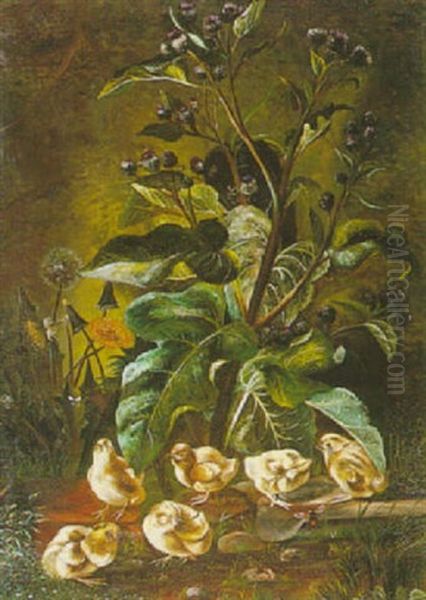 Still Life With Chicks And A Thistle Oil Painting by Olaf August Hermansen