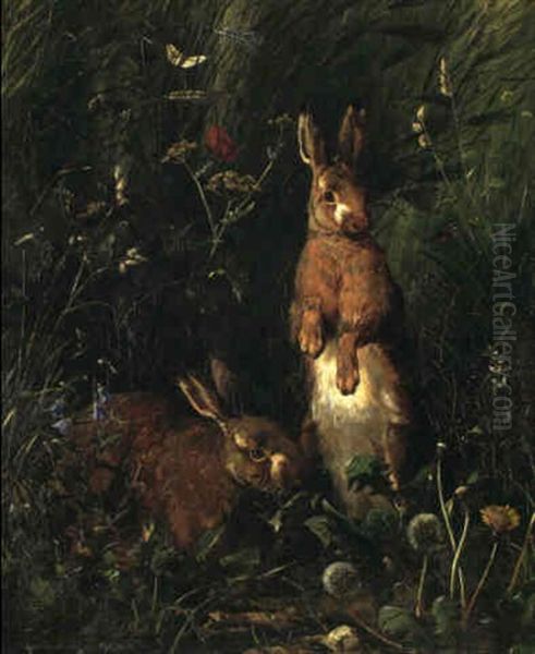 To Harer I En Blomstrende Mark Omgivet Af Sommerfugle,      Insekter Og Vilde Blomster Oil Painting by Olaf August Hermansen