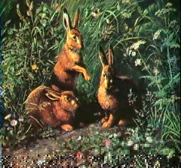 Three Hares Oil Painting by Olaf August Hermansen