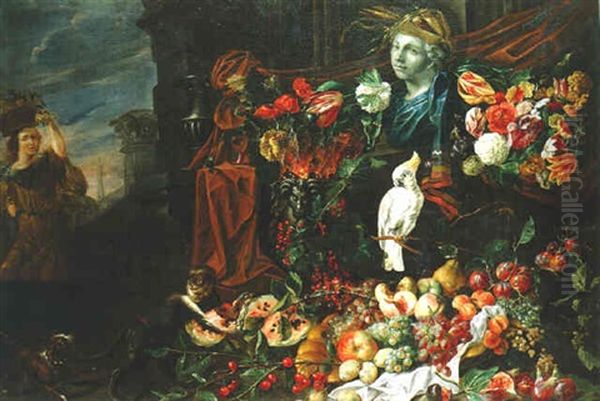 Nature Morte A La Composition Florale, Perroquet Et Buste De Ceres Sur Fond D'architecture De Palais Oil Painting by (Monsu Aurora) Hermansz