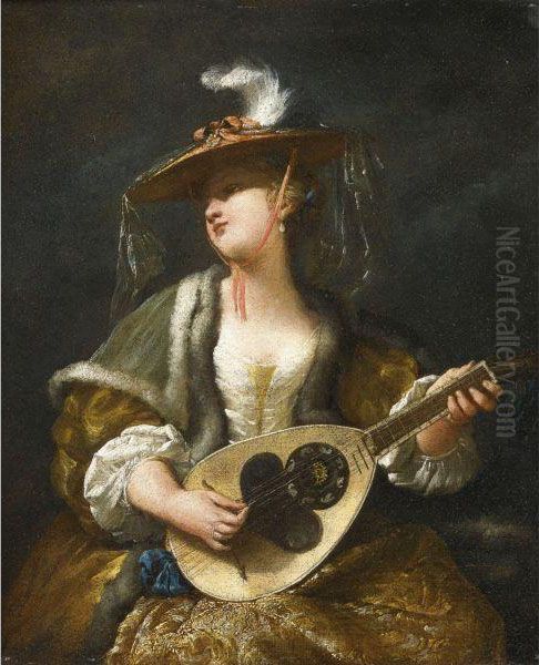 A Lady Playing A Mandolin Oil Painting by Jean Barbault