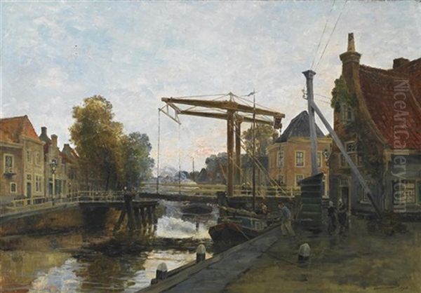 Partie Einer Belgischen Stadt. Blick Auf Einen Kanal Mit Zugbrucke Oil Painting by Paul Hermanus