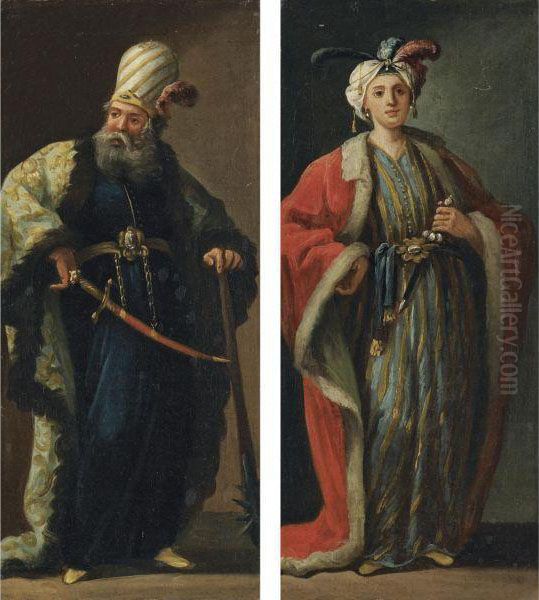 A Pair Of Figures, Full-length, Dressed A La Turque Oil Painting by Jean Barbault