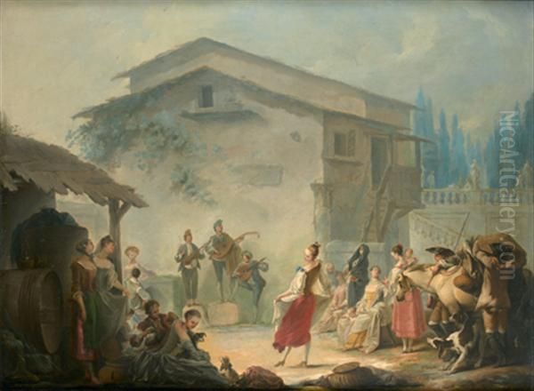 Fete Villageoise Devant Un Parc A L'italienne Oil Painting by Jean Barbault