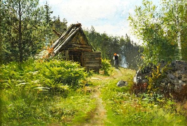 Landskap Med Figur Vid Ryggasstuga Oil Painting by Olof Hermelin