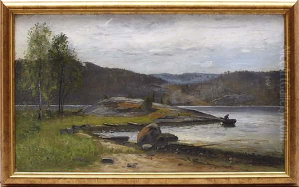 Insjolandskap Med Fiskare Oil Painting by Olof Hermelin