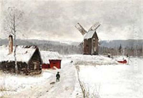 Swedish Winter Landscape With Two Boys With Sledges Oil Painting by Olof Hermelin