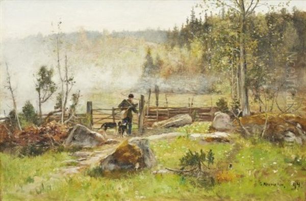 Jagare Med Hundar I Landskap Oil Painting by Olof Hermelin