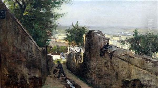 Mont Martre Street Scene With Policeman Scolding A Boy Oil Painting by Olof Hermelin