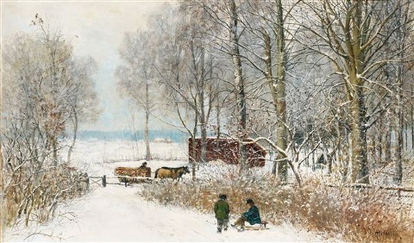 Vinterlandskap Med Kalkakande Pojkar Oil Painting by Olof Hermelin