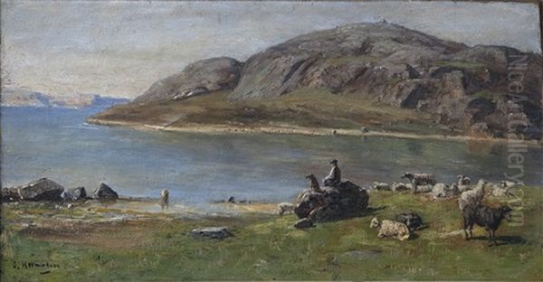 Bergigt Kustlandskap Med Farhjord Och Vallpojke Med Hund Oil Painting by Olof Hermelin