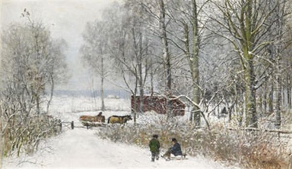 Vinterlandskap Med Rastande Pojkar Och Timmerfora Oil Painting by Olof Hermelin