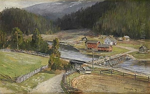 Norrlandsby Vid Alv Oil Painting by Olof Hermelin